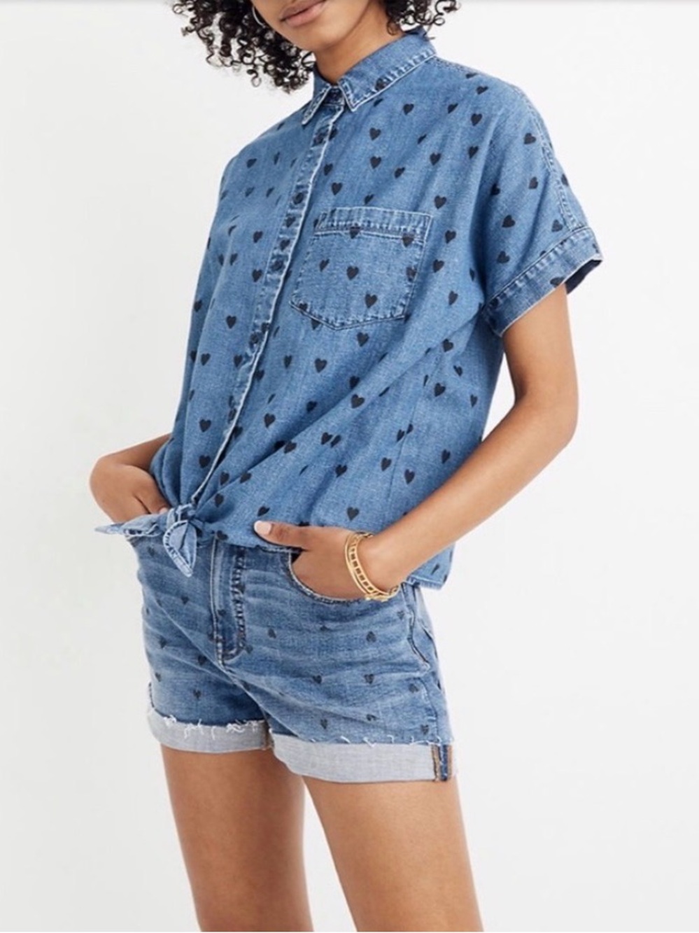 Madewell Heart Print Denim Tie-Front Shirt Medium Chambray Button Up